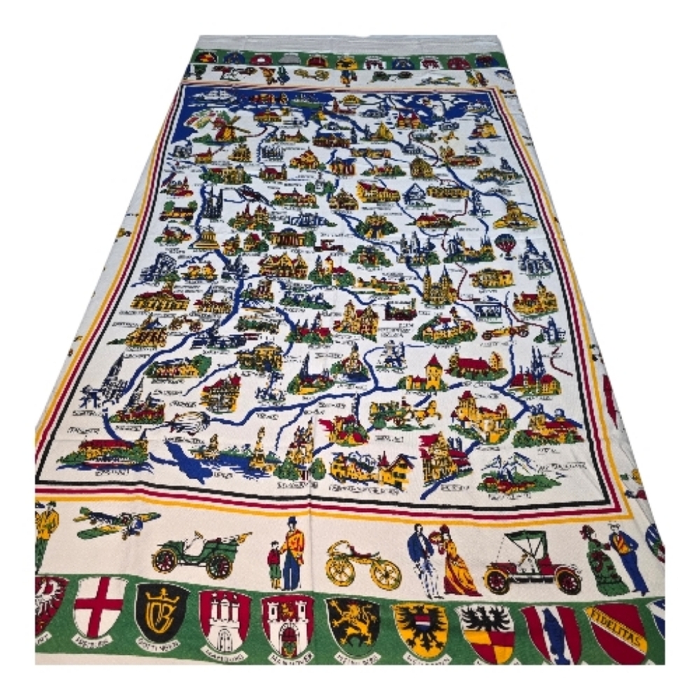 Vintage Germany Tablecloth Map Souvenir 58x49" White Colorful Flags Landmark EUC